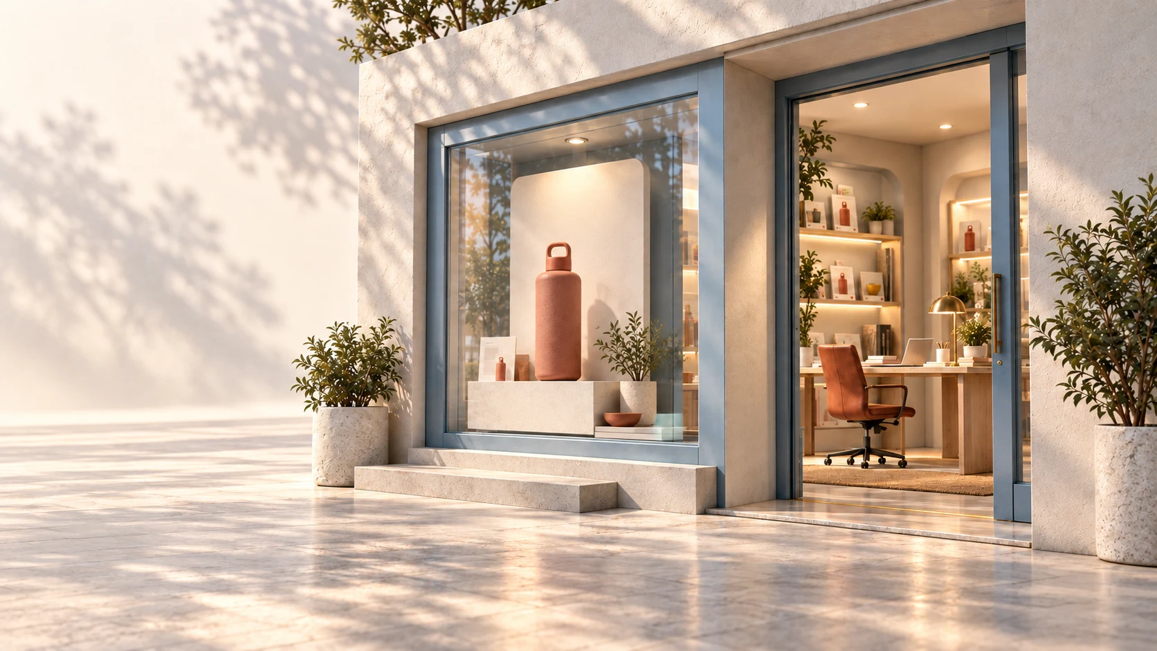 A sunlit storefront in warm plaster and blue-grey glass. The door is open onto the team's workspace.