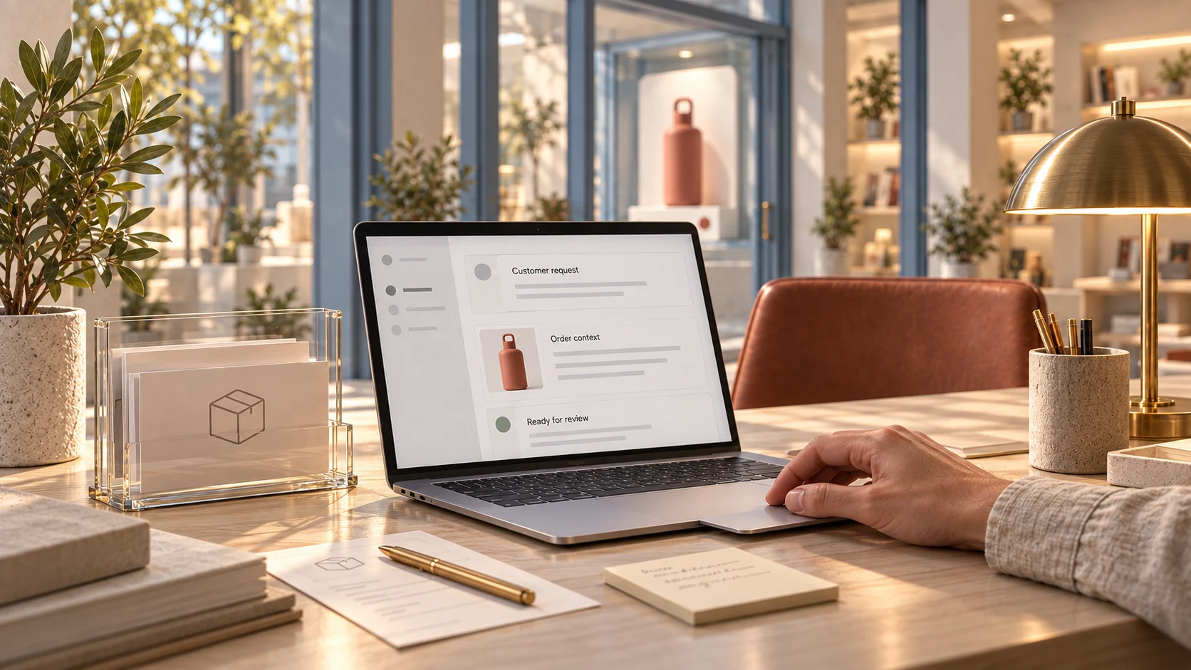 A laptop showing a customer request, its order context and a reply ready for review.