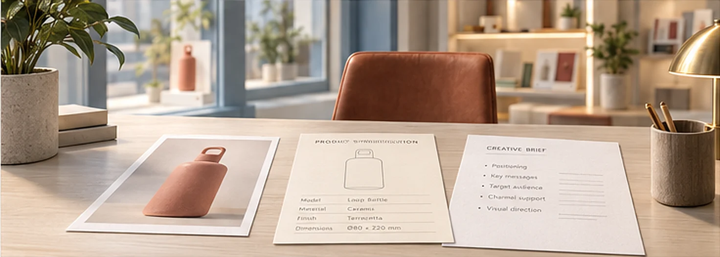 Product photography, a specification sheet and a creative brief laid out on a desk.