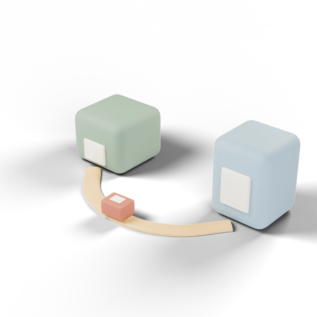 Two ceramic blocks joined by a brass track carrying a parcel.
