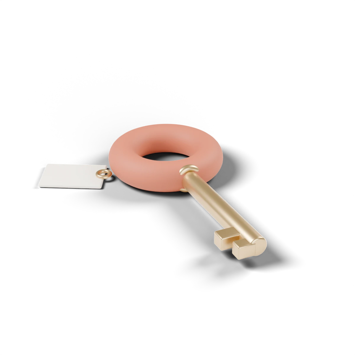 A terracotta and brass key with a tag.