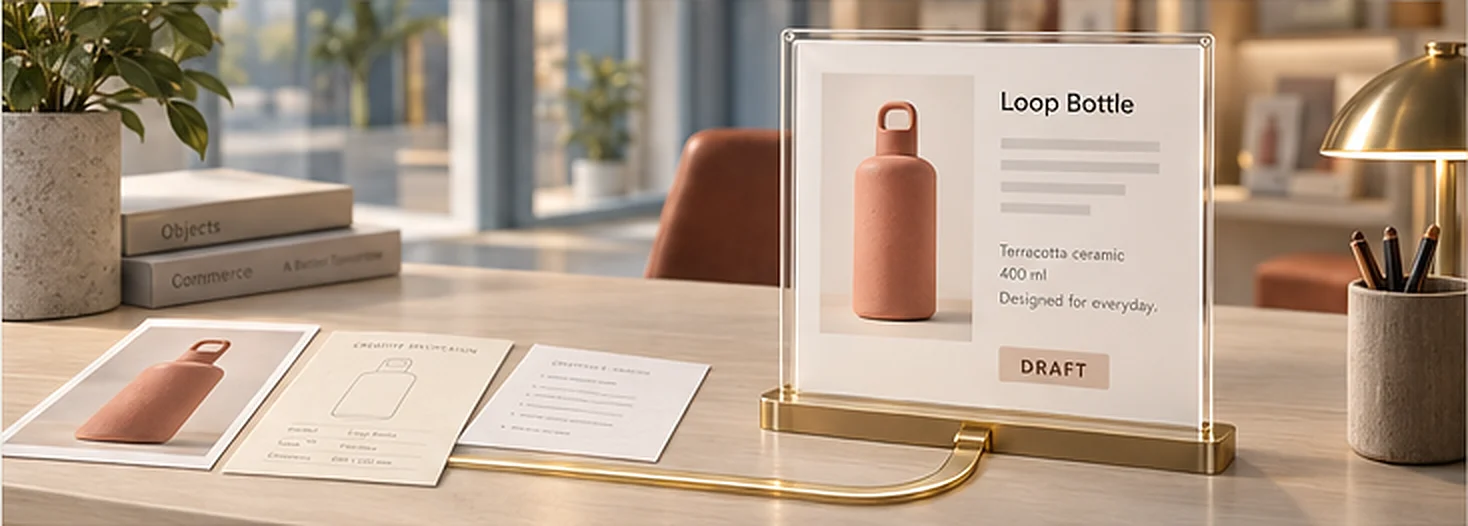 A draft product listing for the Loop Bottle appears in a glass display, connected by a brass track.